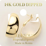 14K gold dipped bold hoop earrings with polished finish and hypoallergenic omega back closure on a white background.