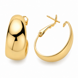 14K gold dipped bold hoop earrings with polished finish and hypoallergenic omega back closure on a white background.
