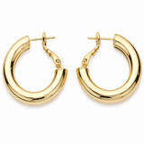14K gold dipped chunky tube hoop earrings with polished finish and hypoallergenic omega back closure on a white background.