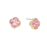 14K gold plated pink cubic zirconia quatrefoil stud earrings on white background.