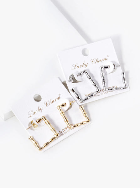 Bamboo Square Hoop Earrings - Gold or White Gold
