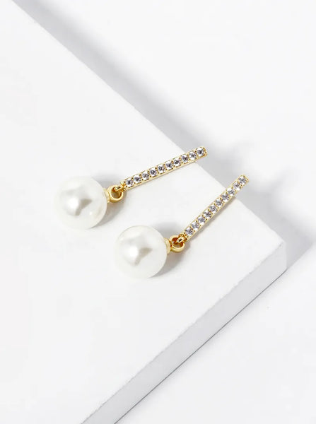 CZ Pave Bar Drop Dangle Pearl Earrings