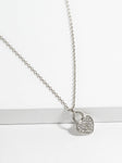CZ Pave Dainty Heart Padlock Pendant Necklace - White Gold 