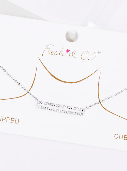 Delicate CZ Pave Rectangle Pendant Necklace - White Gold