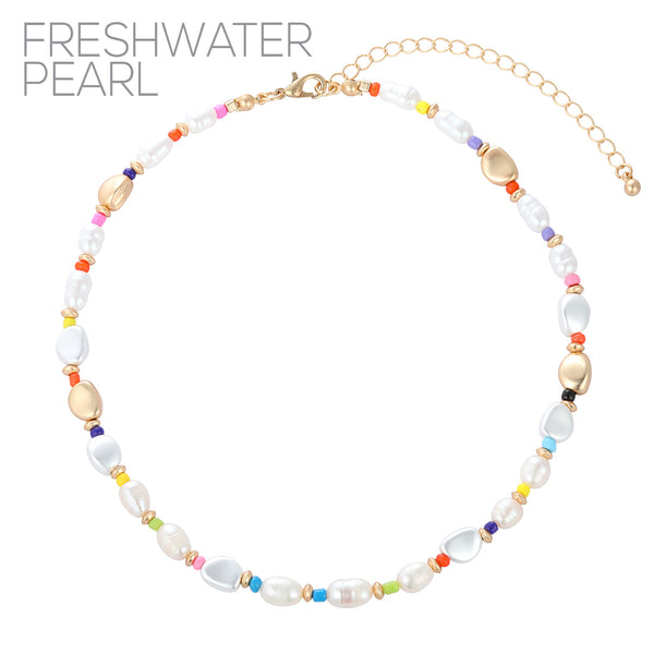 Freshwater Pearl and Color Mix Beaded Necklace - Gold