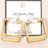 Gold triple square hoop earrings with geometric layered stainless steel design and polished finish.