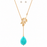 Long Y Necklace Blue Turquoise Leaf Boho Necklace Earrings Set