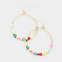 Open Circle Beaded Wire Hoop Gold Tone Earrings - Multi