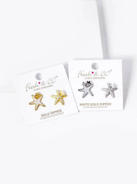 Mother Of Pearl CZ Pave Starfish Stud Earrings