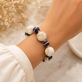 Abstract Marbled Resin Ball Beaded Stretch Bracelet – Ivory, Navy & Gold