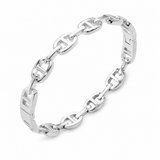 A polished silver-tone metal link bracelet with a repeating interlocking 'H' link pattern and a matching clasp, shown on a clean white background.