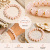 A four-panel collage showcasing a pink beaded stretch bracelet with gold spacer accents. The panels show the bracelet on a neutral surface, worn on a wrist, and in a close-up detail view.