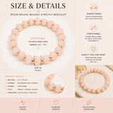 A four-panel collage showcasing a pink beaded stretch bracelet with gold spacer accents. The panels show the bracelet on a neutral surface, measurements, and in a close-up detail view.