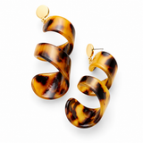 Brown and gold twisted tortoiseshell dangle earrings with gold-tone post backs.