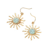 Gold celestial sunburst drop dangle earrings with textured boho-inspired statement design and fish hook backs.