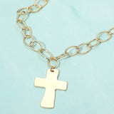 18K gold dipped chunky cross pendant necklace with oval link chain on a light blue background