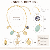 Coastal starfish shell charm necklace size and product details. Gold-plated chain necklace with multiple charms including a starfish, seashell, scallop shell, and light green stone, shown with dimension callouts and detail insets on a white background.