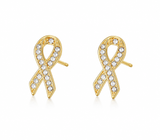Crystal pink ribbon stud earrings with sparkling rhinestone accents and gold trim on a white background.