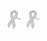 Crystal pink ribbon stud earrings with clear rhinestones and rhodium finish on white background
