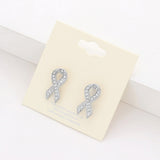 Crystal pink ribbon stud earrings with clear rhinestones and rhodium finish on white background