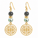 A pair of gold dangle earrings featuring a round cut crystal bead and a dark gray marbled bead, with a large circular gold filigree medallion hanging below.