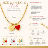 An informational product graphic for a double heart pendant bubble chain necklace from Dazzle by Jewels, showing a gold-tone necklace with a red heart pendant, dimensions, product details, care tips, and available color options.