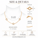 Genuine gold dipped open quatrefoil station necklace with three delicate clover stations on an adjustable hypoallergenic chain shows size and details
