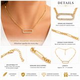 Genuine gold dipped rhinestone pavé oval accent link chain necklace featuring an adjustable modern gold chain and sparkling oval centerpiece with details