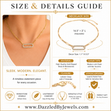Genuine gold dipped rhinestone pavé oval accent link chain necklace featuring an adjustable modern gold chain and sparkling oval centerpiece with size and detail guide