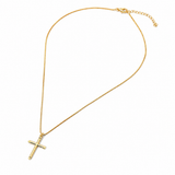 18K gold filled hypoallergenic cross pendant necklace with minimalist chain on a white background
