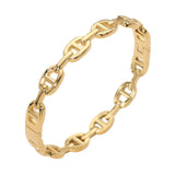 Gold stainless steel modern link hinged bangle bracelet featuring polished elongated chain links and a secure hinged closure on a white background