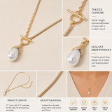 A gold-tone toggle clasp necklace with a large white pearl drop pendant, shown in a multi-panel product infographic with text callouts and a small model inset demonstrating wear.