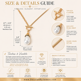 A size and details guide infographic for a gold necklace, showing a central close-up of the necklace with dimensions labeled for length, width, and pendant size, plus feature callouts and product details on a beige background.