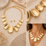 Gold statement necklace with large polished oval stones and matching stud earrings, shown in a styled flat-lay and on a model. The collage includes close-up detail shots of the stones and the necklace worn around the neck.