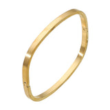 Gold stainless steel square hinged bangle bracelet featuring a sleek minimalist geometric design and polished finish on a white background