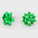 Green Christmas bow stud earrings with post-back closures. 