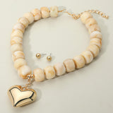 Puffy Gold Heart Pendant Chunky Beaded Necklace & Earrings Set