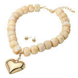 Puffy Gold Heart Pendant Chunky Beaded Necklace & Earrings Set