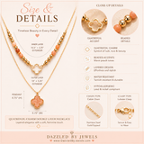 A product infographic for a Dazzled by Jewels gold-tone double layer necklace with peach-colored beads and a quatrefoil charm. The graphic includes size measurements, close-up detail images, feature icons, and chain/clasp type diagrams on a soft beige background.