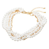 Multi-strand simulated pearl choker necklace with gold tone wire accents on white background