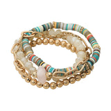 Four-piece bracelet set featuring colorful heishi beads, natural stone accents, faceted cream beads, and gold-tone chain details on a white background
