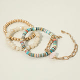 Four-piece bracelet set featuring colorful heishi beads, natural stone accents, faceted cream beads, and gold-tone chain details on a beige background