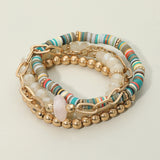 Four-piece bracelet set featuring colorful heishi beads, natural stone accents, faceted cream beads, and gold-tone chain details on a light background