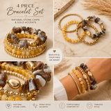 A 4-piece bracelet set featuring natural stone chips and shiny gold accents, shown in a four-panel collage with a close-up on a wrist. The bracelets include yellow beads, brown and gray stone sections, and polished gold discs.