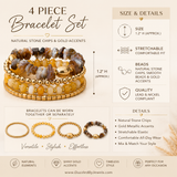 A promotional infographic for a 4-piece bracelet set by DazzleByJewels, showing the bracelets on a gold tray, size details, wearing options, and feature icons on a beige background.