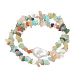 wo-piece stretch bracelet set featuring semi-precious pebble stones in soft pastel hues with an organic pearl accent on white background