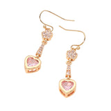 Gold pink crystal heart drop dangle earrings with sparkling pavé accents and delicate feminine design.