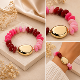 Three-panel collage showing a beaded bracelet with glossy round beads in pink, magenta, and deep red, plus a large polished gold oval centerpiece. One panel shows the bracelet on a display block, one close-up detail, and one worn on a wrist.