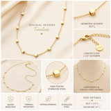 A gold beaded necklace with small cube-shaped beads and a lobster clasp, shown in a multi-panel product collage with text highlighting features like minimal modern styling, geometric accents, extender length, and size details.