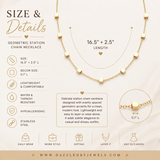A product information graphic for a gold geometric station chain necklace. The necklace is shown in two layered views: one at 16.